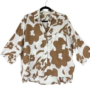 Magaschoni Linen Cowhide Floral Blouse Sz M Mocha Brown White